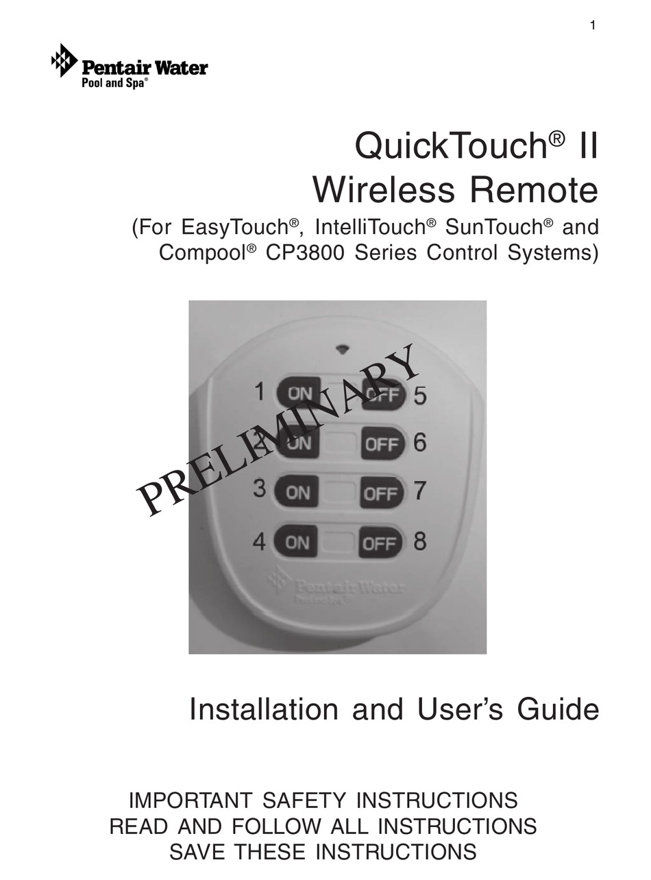 PENTAIR POOL PRODUCTS QUICKTOUCH II USER MANUAL Pdf Download | ManualsLib