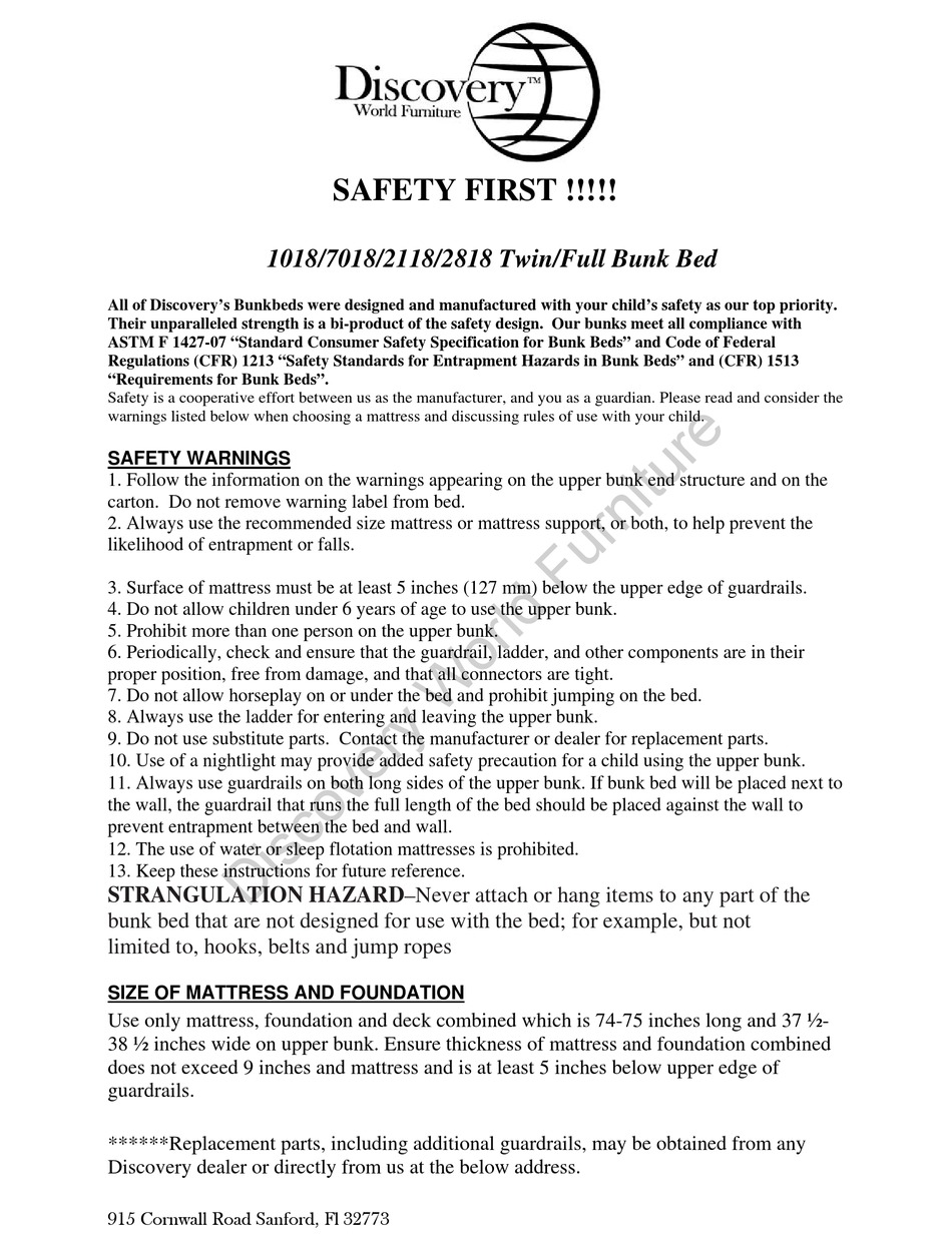 DISCOVERY WORLD FURNITURE 1018 INSTRUCTIONS MANUAL Pdf Download