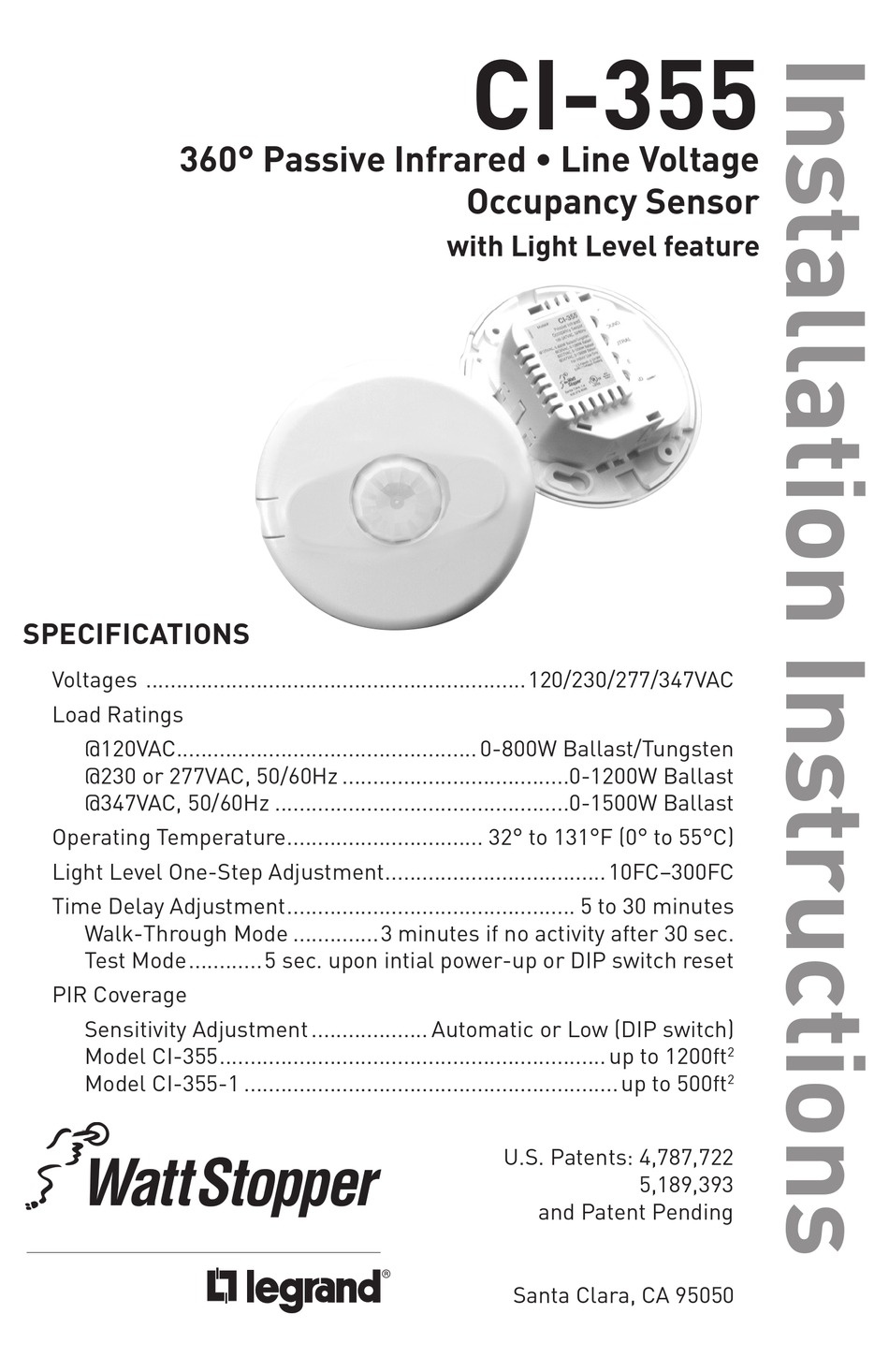 LEGRAND WATT STOPPER CI-355 INSTALLATION INSTRUCTIONS MANUAL Pdf