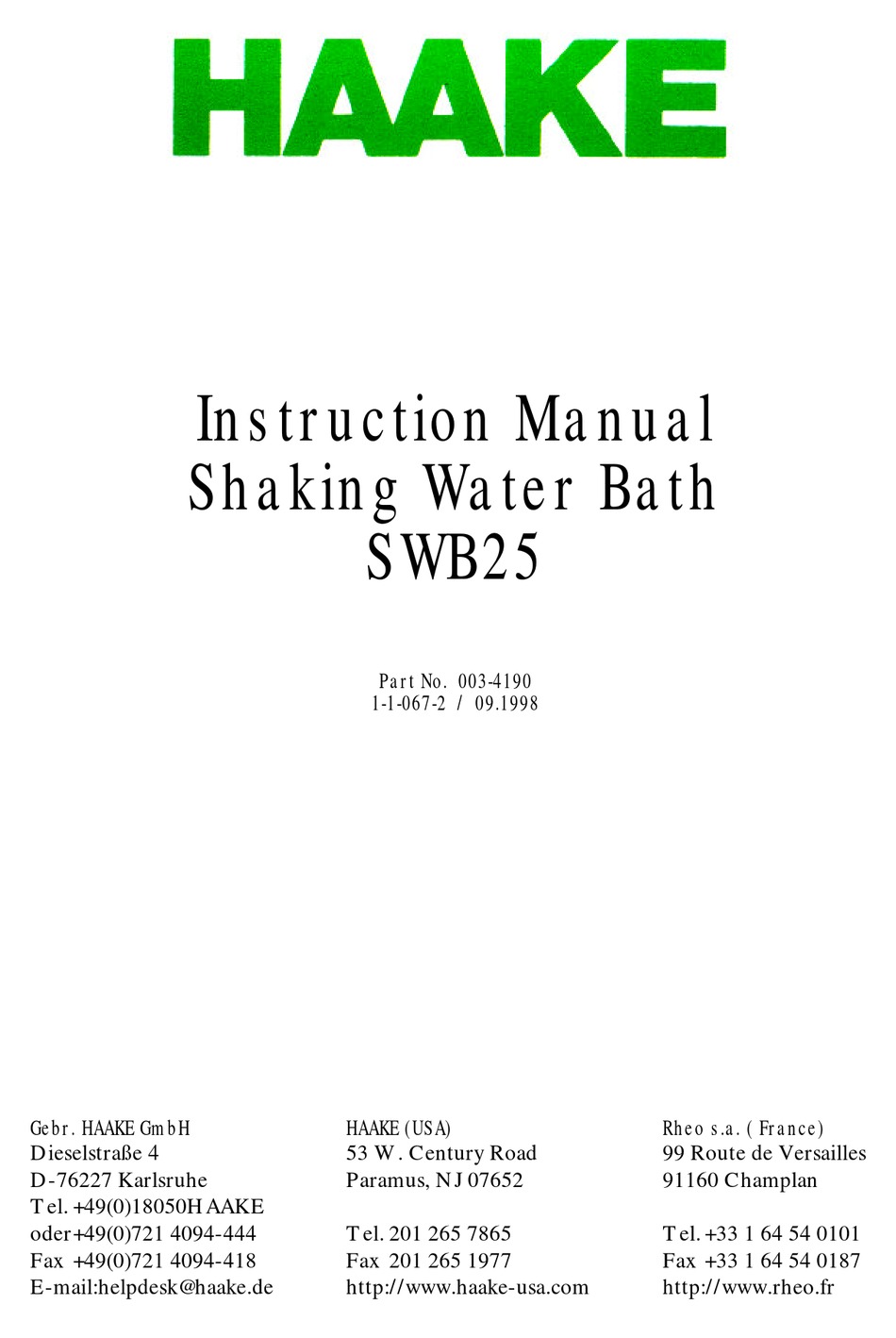 HAAKE SWB25 INSTRUCTION MANUAL Pdf Download | ManualsLib