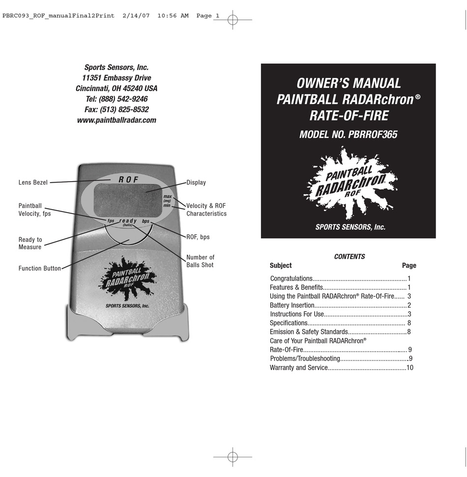 SPORTS SENSORS PBRROF365 OWNER'S MANUAL Pdf Download ManualsLib