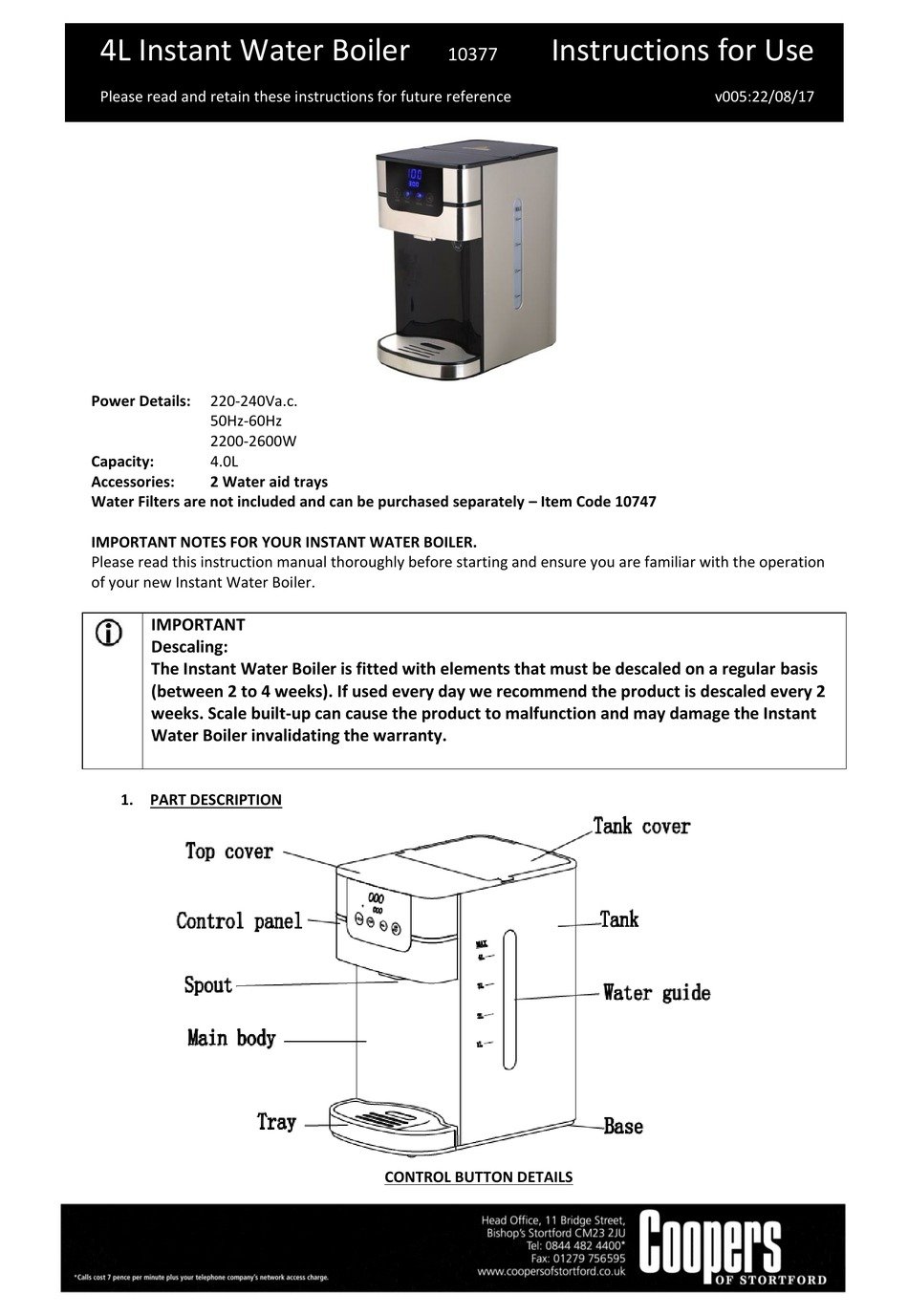 Coopers Instant Water Boiler 