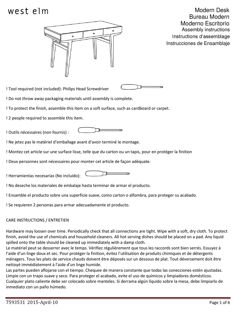 WEST ELM MODERN DESK ASSEMBLY INSTRUCTIONS MANUAL Pdf Download ManualsLib