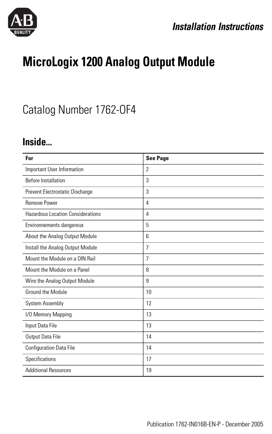 ALLEN-BRADLEY MICROLOGIX 1200 INSTALLATION INSTRUCTIONS MANUAL Pdf