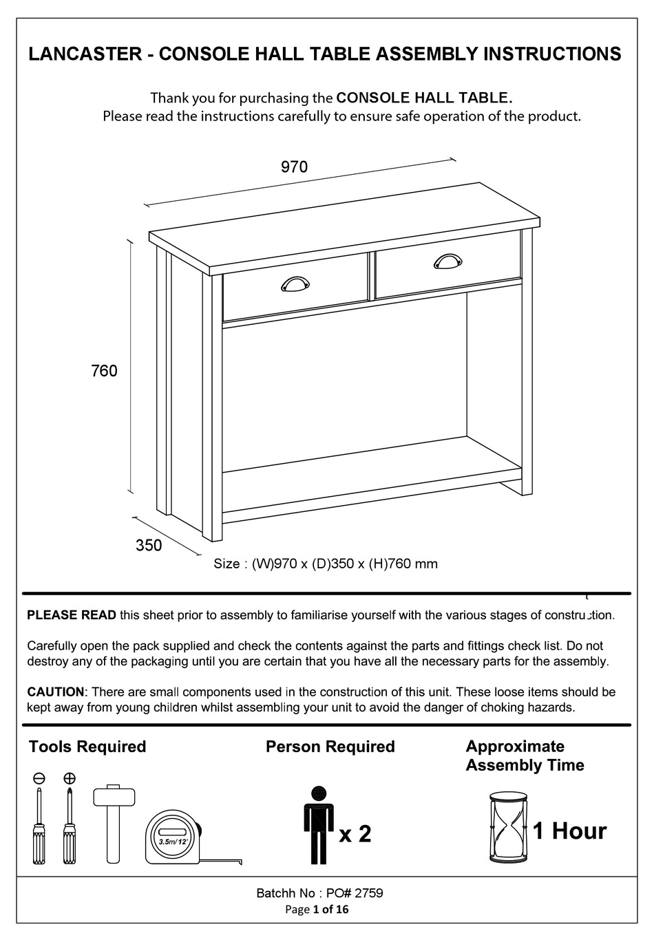 GFW LANCASTER CONSOLE HALL TABLE ASSEMBLY INSTRUCTIONS MANUAL Pdf