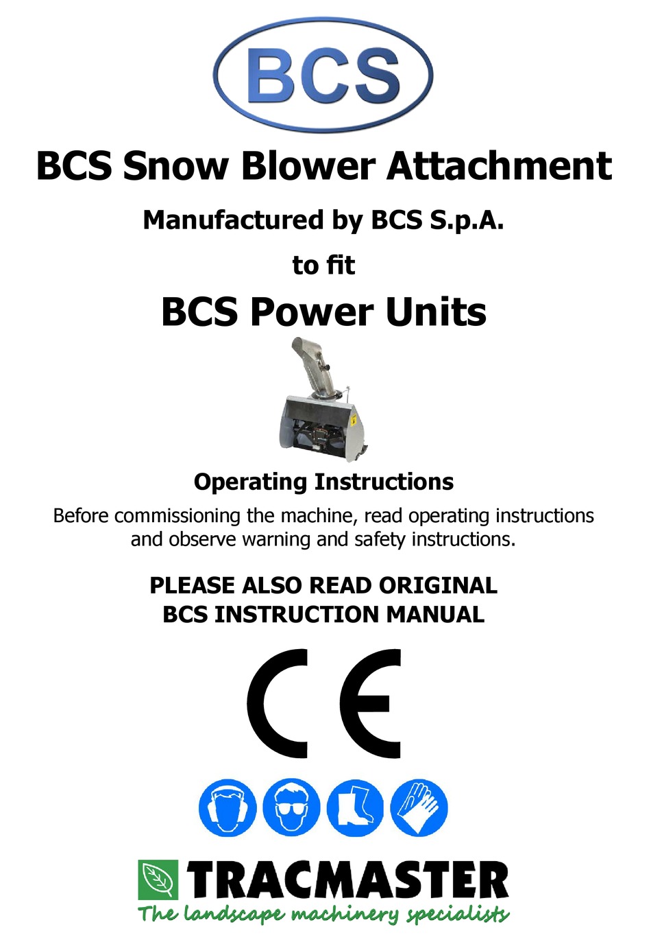 TRACMASTER BCS SNOW BLOWER OPERATING INSTRUCTIONS MANUAL Pdf Download