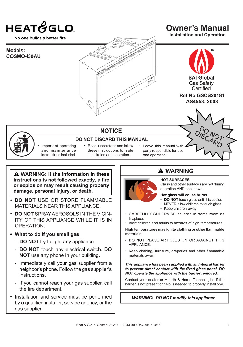 HEAT & GLO COSMOI30AU OWNER