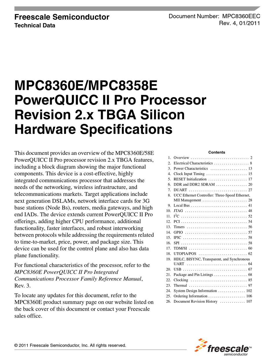 FREESCALE SEMICONDUCTOR MPC8358E HARDWARE SPECIFICFTION Pdf Download