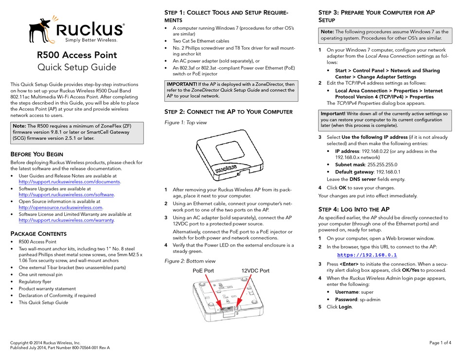 RUCKUS WIRELESS R500 QUICK SETUP MANUAL Pdf Download | ManualsLib