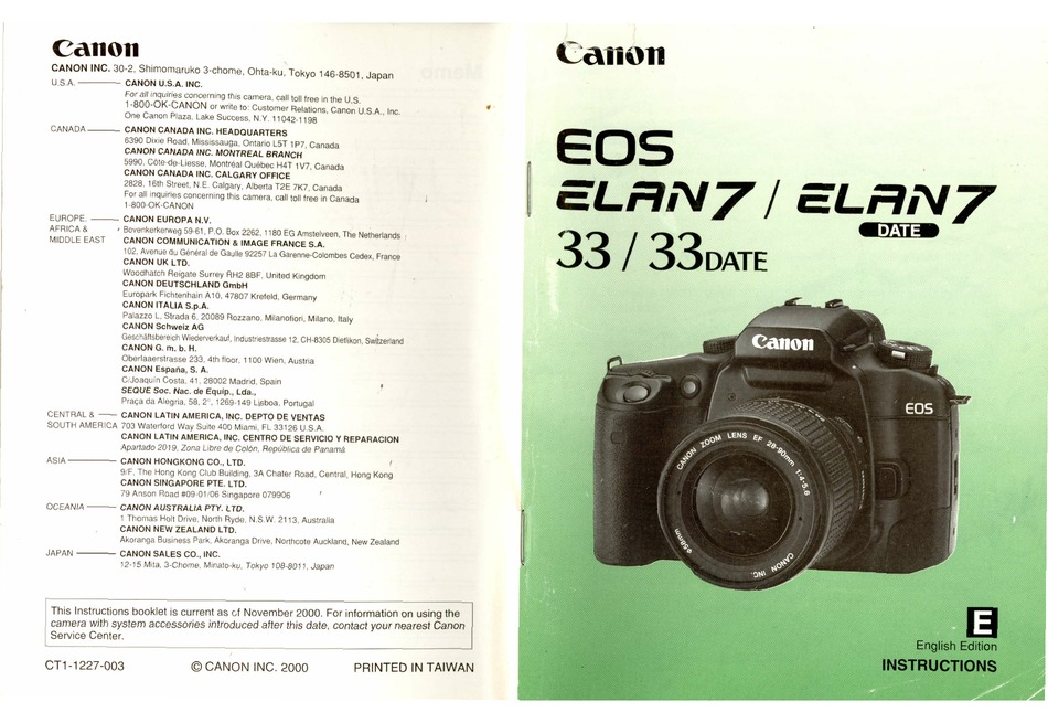 Canon Eos 33 Instruction Manual Pdf Download Manualslib