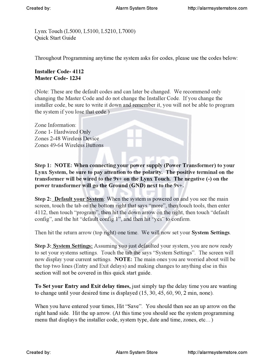 HONEYWELL LYNX TOUCH L5000 QUICK START MANUAL Pdf Download | ManualsLib