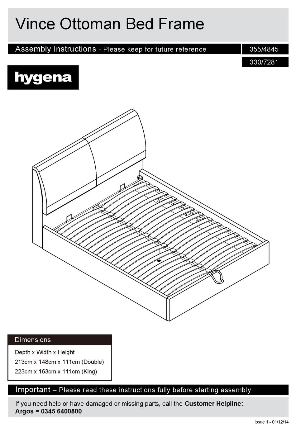 Hygena Vince Ottoman Bed Frame Assembly, King Bed Frame Assembly Instructions