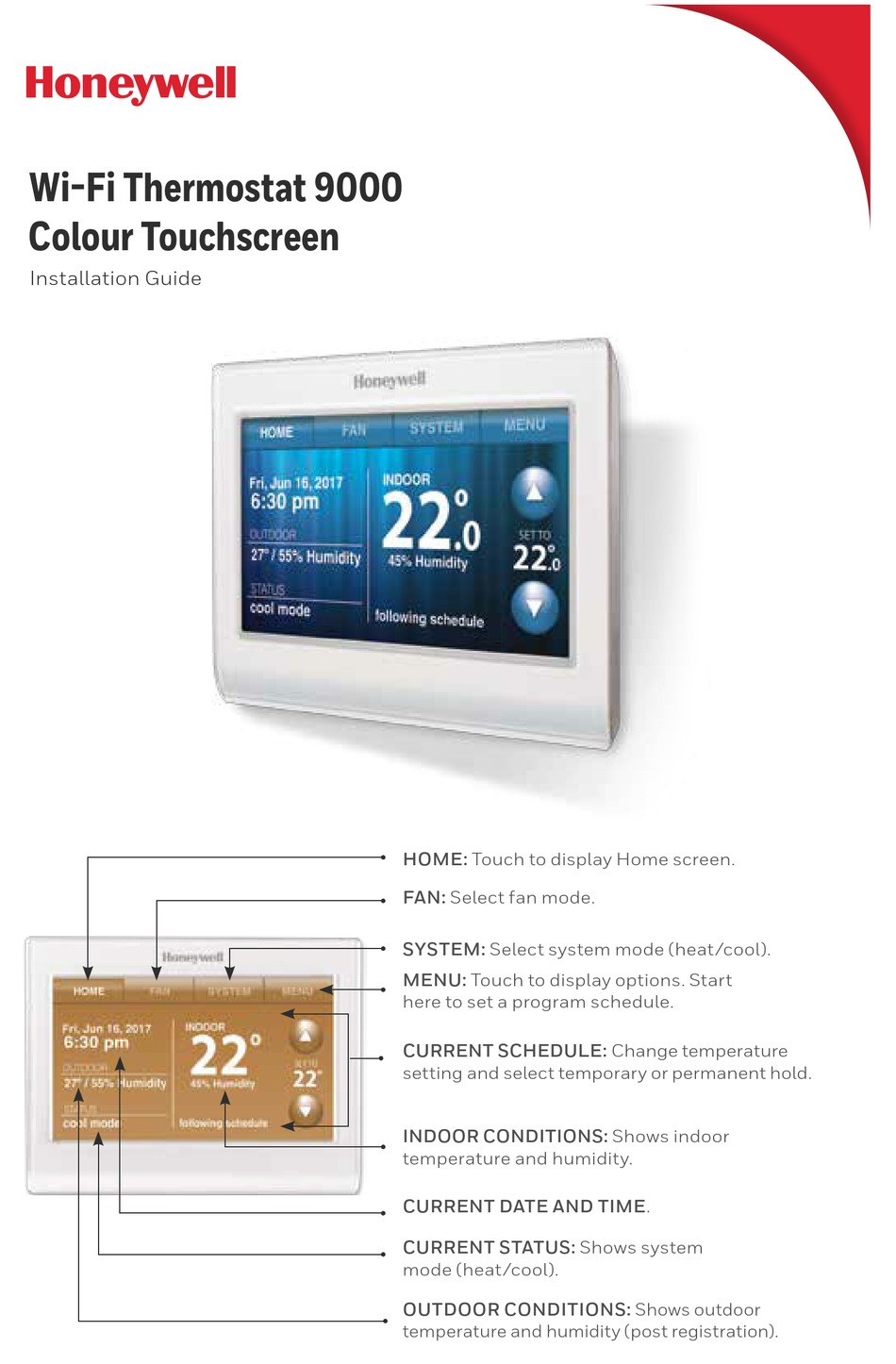 Honeywell Wi Fi Thermostat 9000 Installation Manual Pdf Download Manualslib