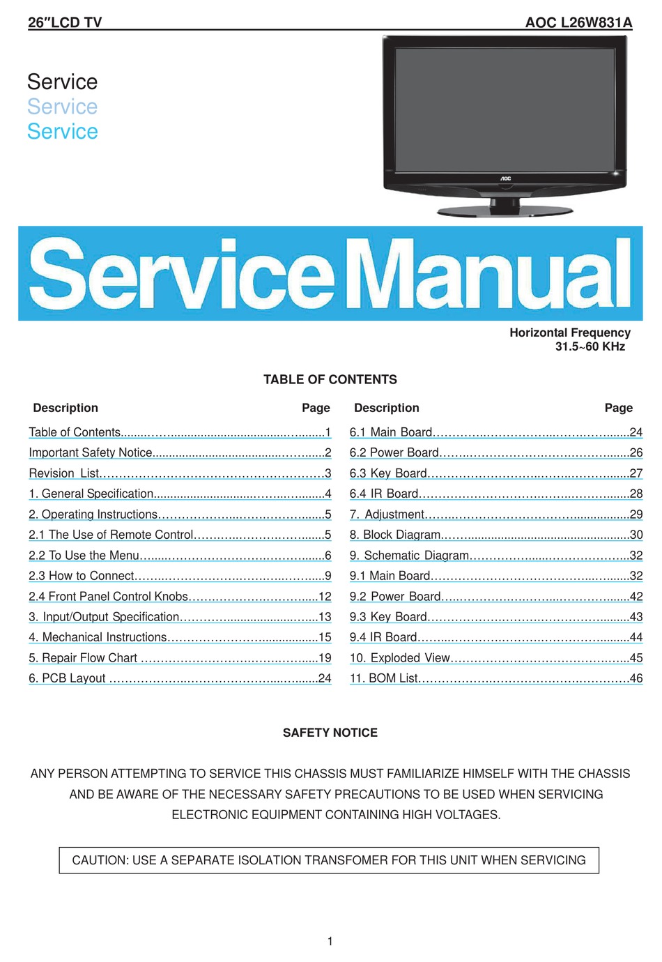 AOC L26W831A SERVICE MANUAL Pdf Download ManualsLib