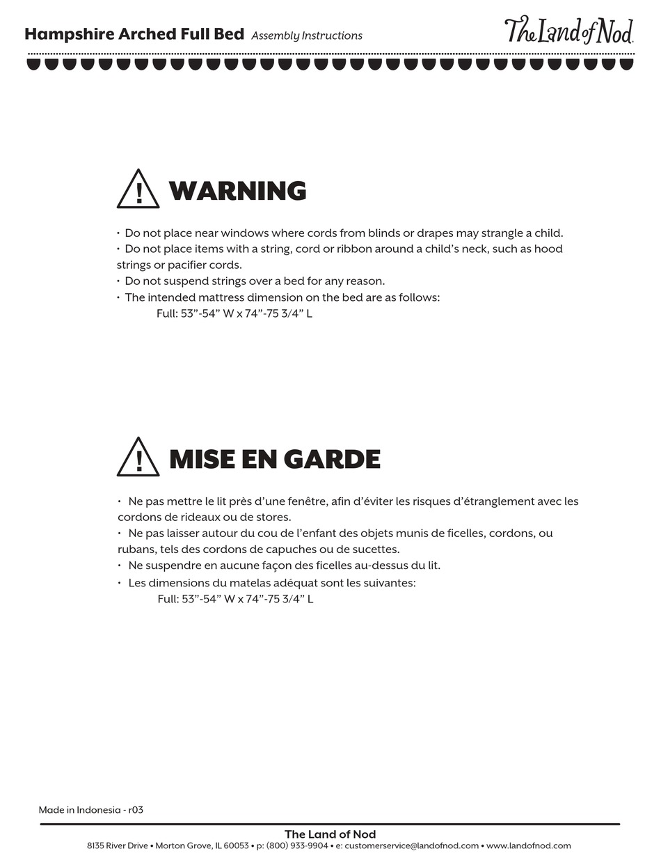 THE LAND OF NOD HAMPSHIRE ARCHED FULL BED ASSEMBLY INSTRUCTIONS MANUAL