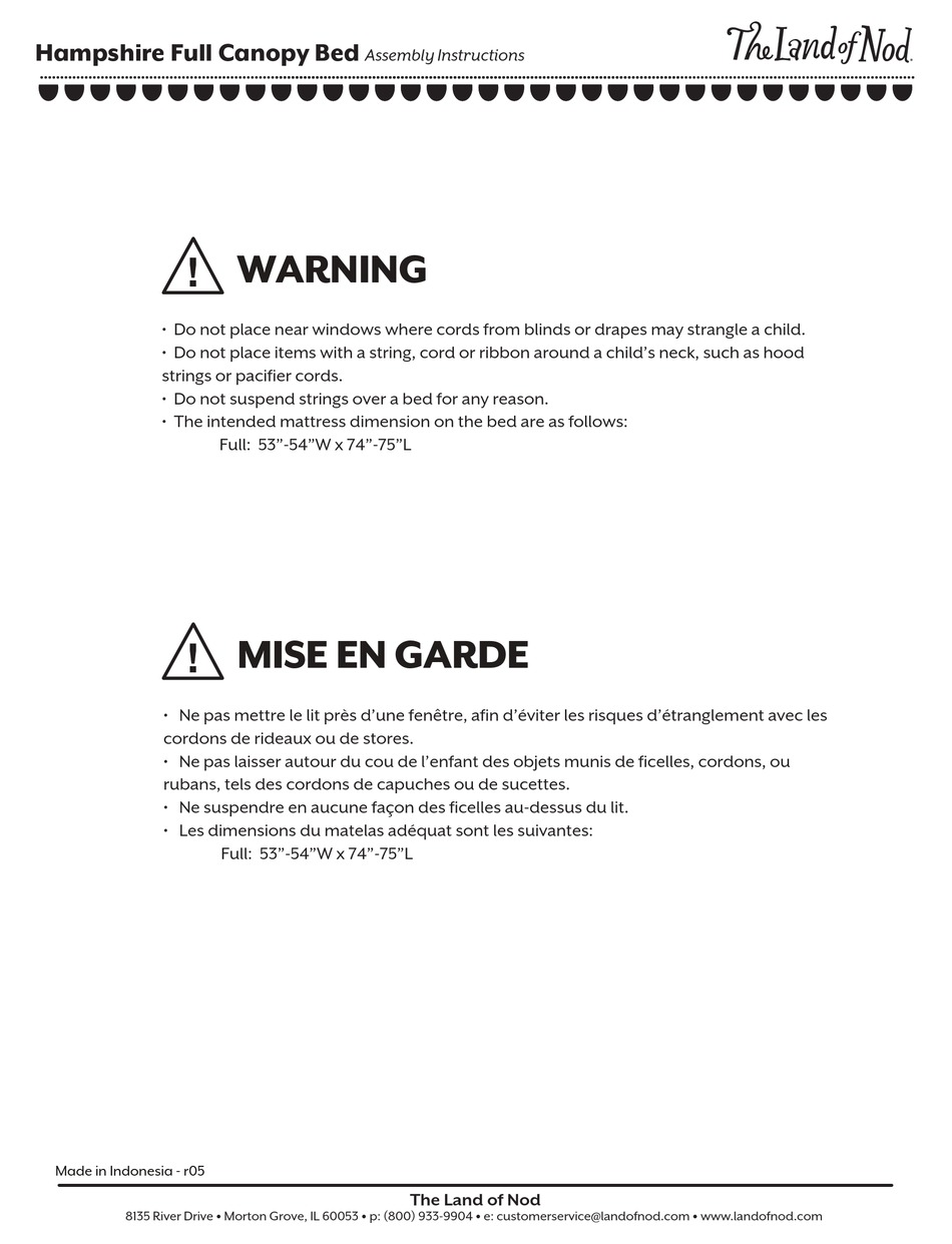 THE LAND OF NOD HAMPSHIRE FULL CANOPY BED ASSEMBLY INSTRUCTIONS MANUAL