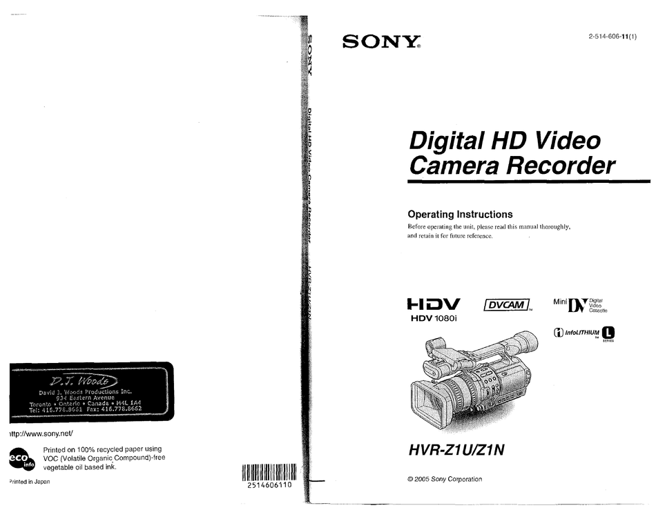 SONY HVRZ1U OPERATING INSTRUCTION Pdf Download ManualsLib