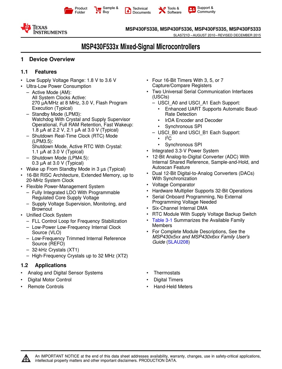 TEXAS INSTRUMENTS MSP430F533X MANUAL Pdf Download | ManualsLib