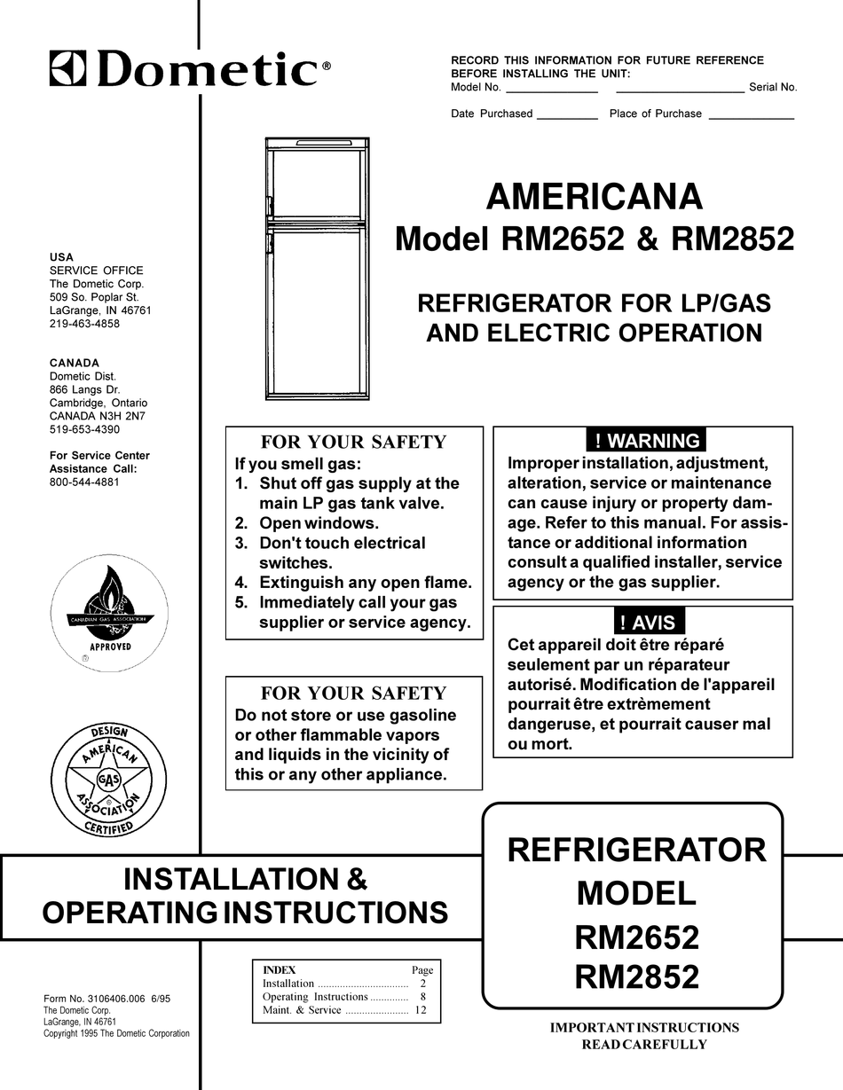 DOMETIC AMERICANA RM2652 INSTALLATION & OPERATING INSTRUCTIONS MANUAL ...