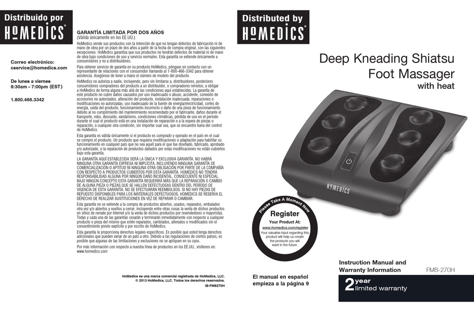 HOMEDICS FMS270H INSTRUCTION MANUAL AND WARRANTY INFORMATION Pdf