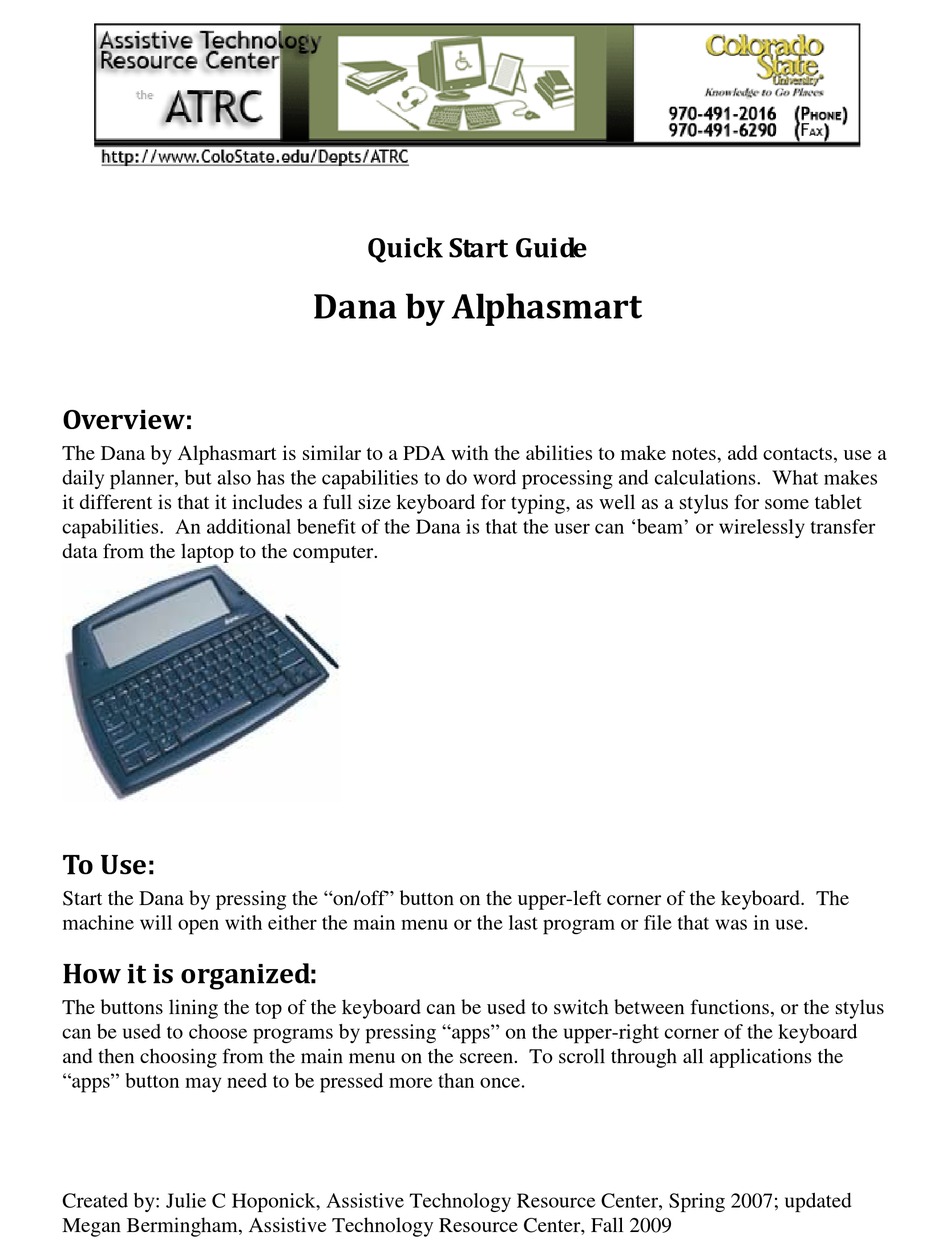 ALPHASMART DANA QUICK START MANUAL Pdf Download | ManualsLib