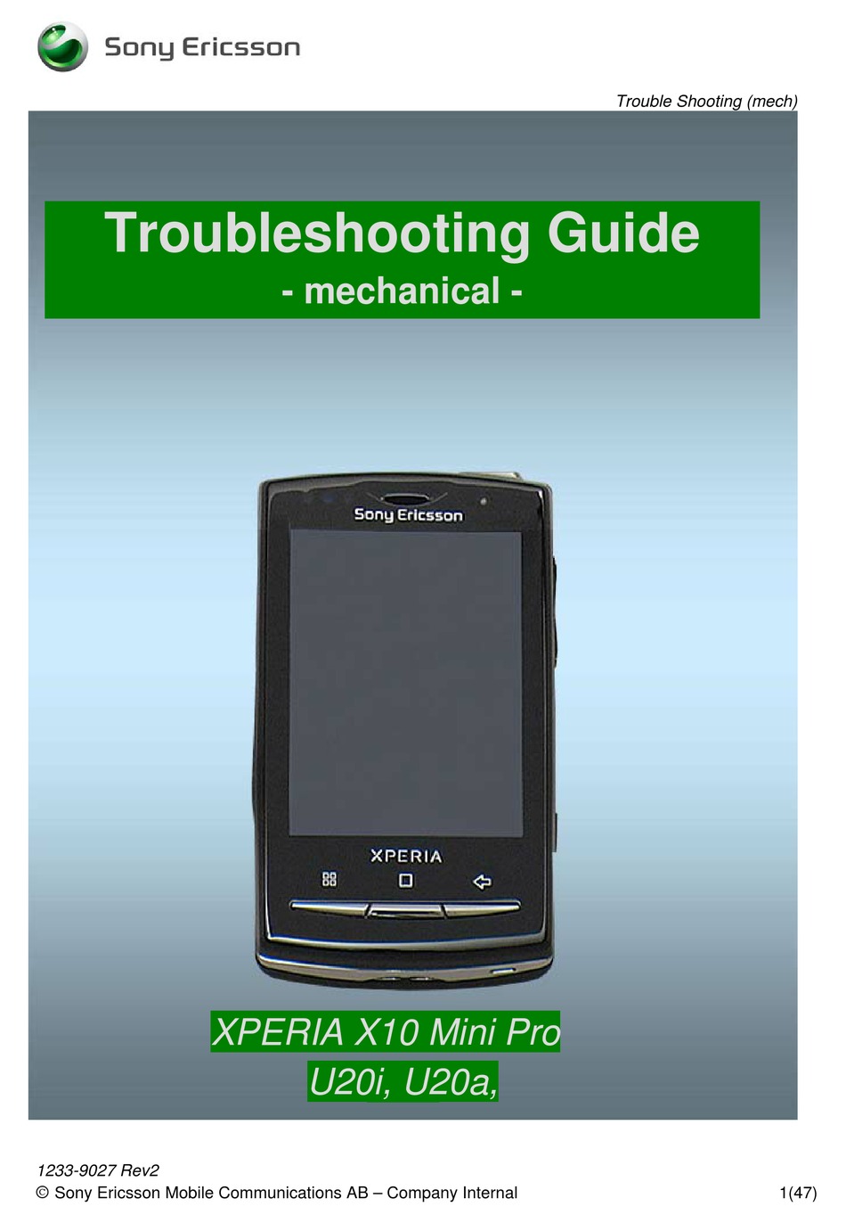 SONY ERICSSON XPERIA X10 MINI PRO U20I TROUBLESHOOTING MANUAL Pdf
