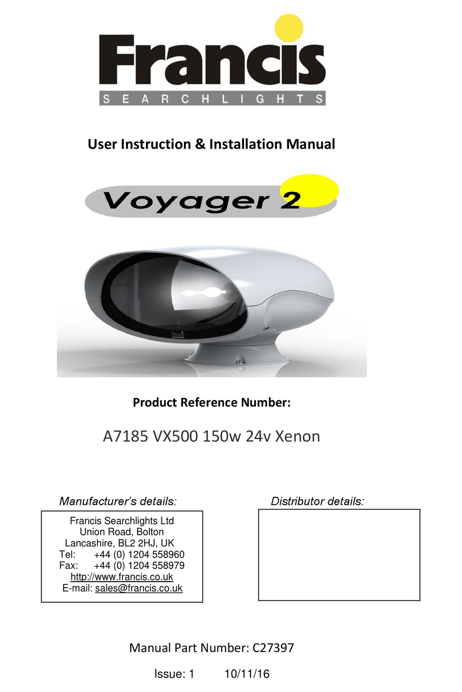 FRANCIS SEARCHLIGHTS VOYAGER 2 USER INSTRUCTION & INSTALLATION MANUAL