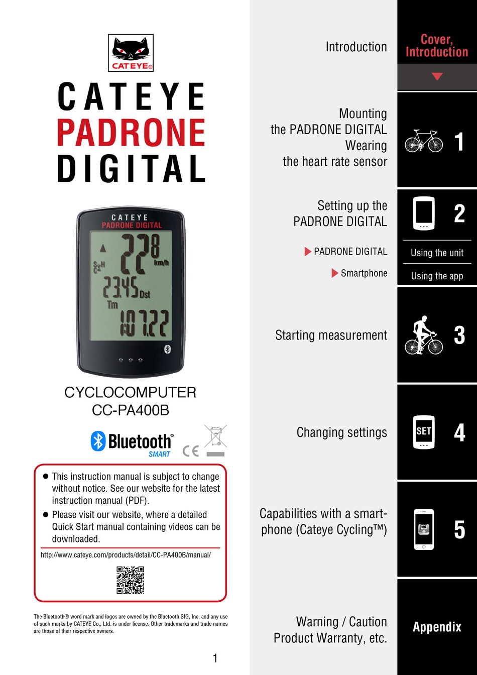 ＣＡＴＥＹＥ　ＰＡＤＲＯＮＥ　ＳＭＡＲＴ　ＣＣ－ＰＡ５００Ｂ Cat Eye Padrone Manual CAT EYE Cycle Computer PADRONE SMART