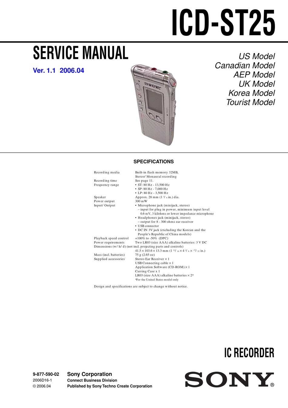 SONY ICDST25 SERVICE MANUAL Pdf Download ManualsLib