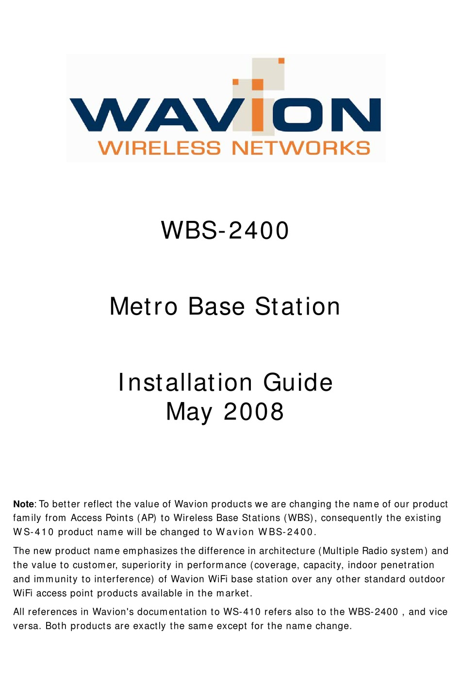 WAVION WBS-2400-POE-FCC INSTALLATION MANUAL Pdf Download | ManualsLib