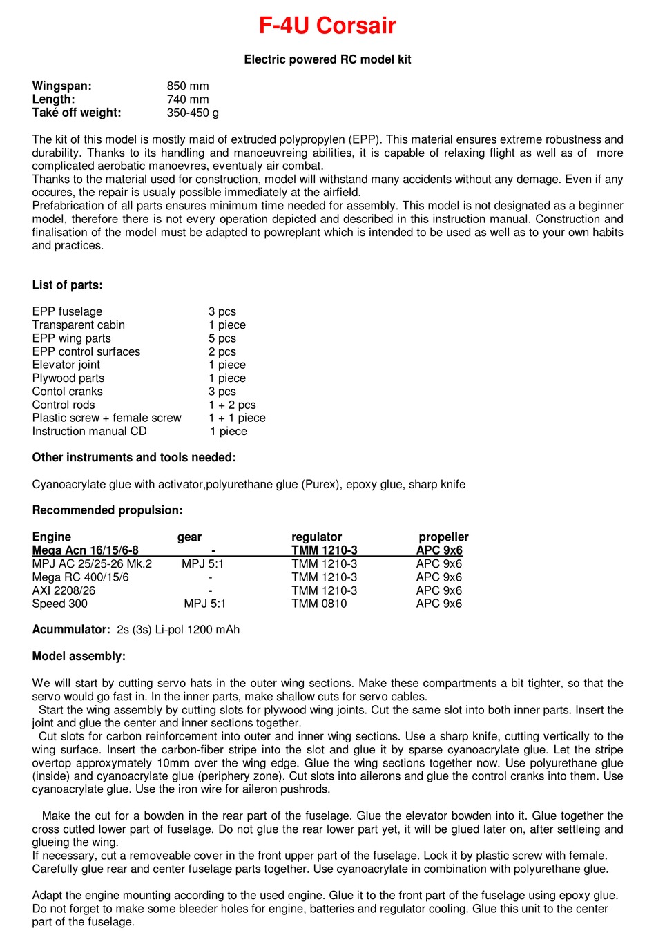 LM MODEL F-4U CORSAIR USER MANUAL Pdf Download | ManualsLib