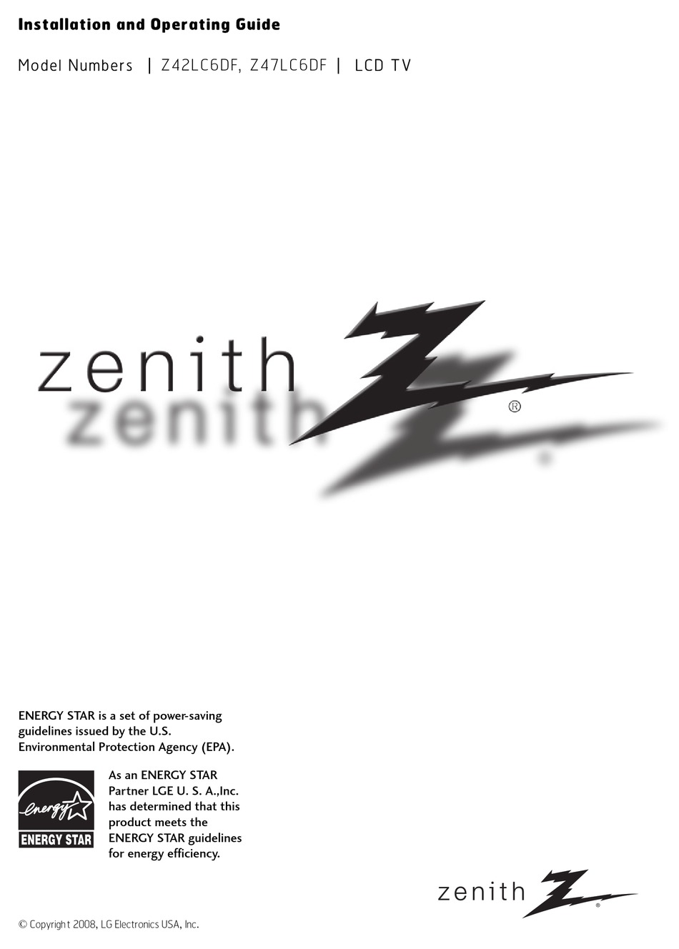 ZENITH Z42LC6DF INSTALLATION AND OPERATING MANUAL Pdf Download | ManualsLib