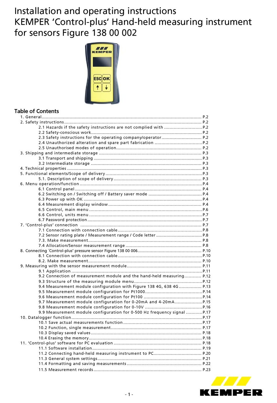KEMPER FIGURE 138 00 002 INSTALLATION AND OPERATING INSTRUCTIONS MANUAL