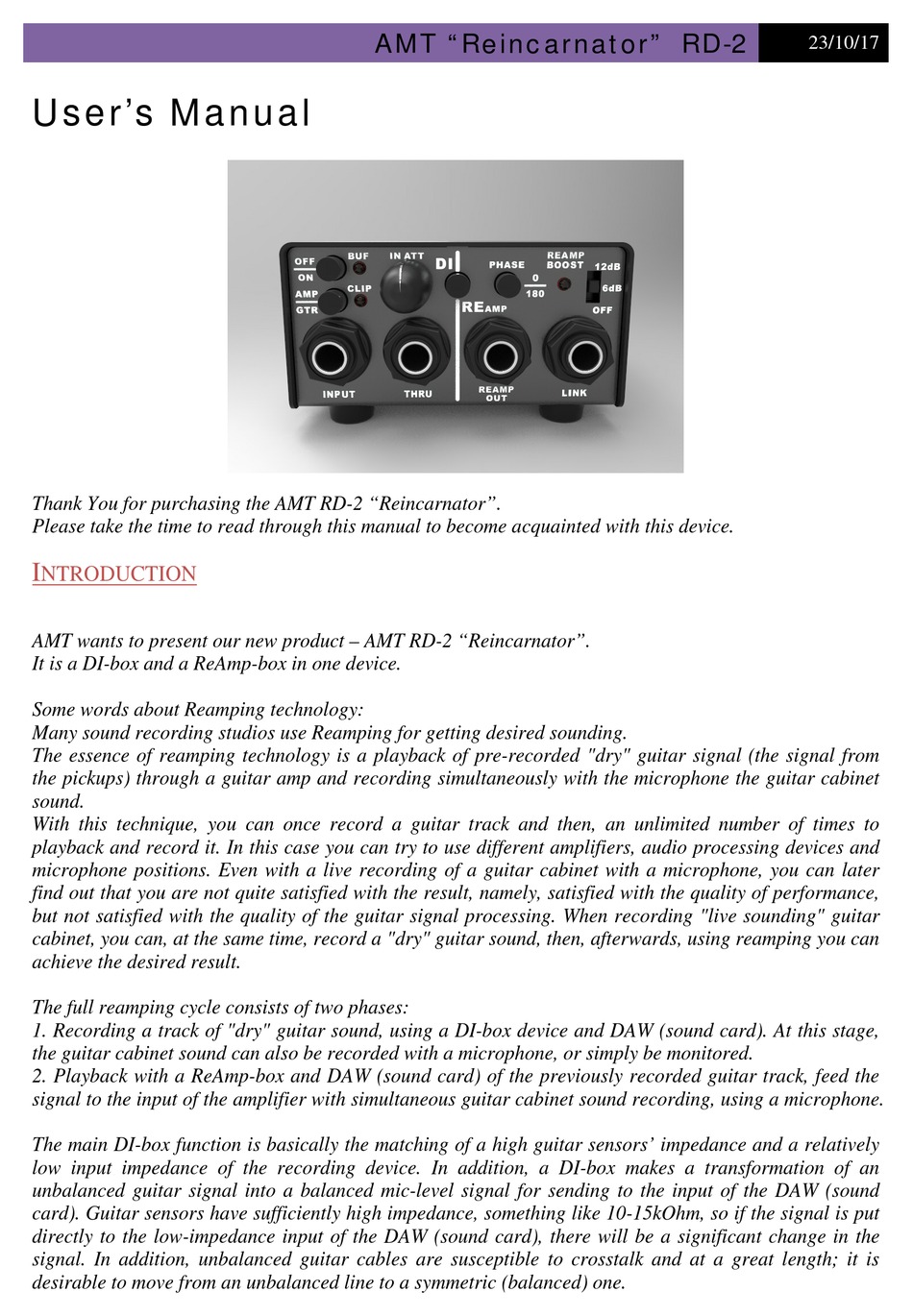 AMT REINCARNATOR RD2 USER MANUAL Pdf Download ManualsLib