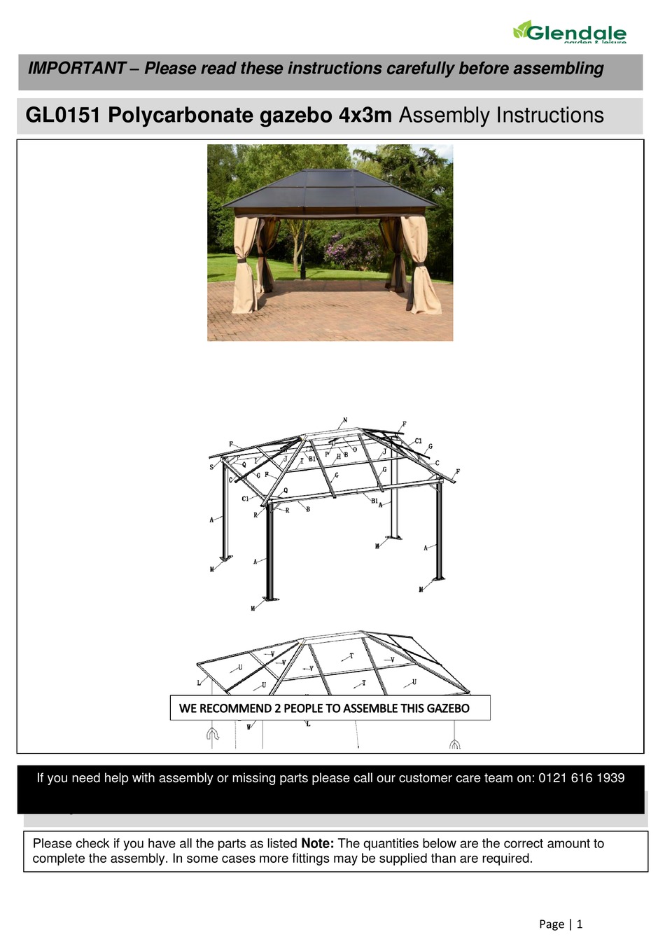 GLENDALE GL0151 ASSEMBLY INSTRUCTIONS 
