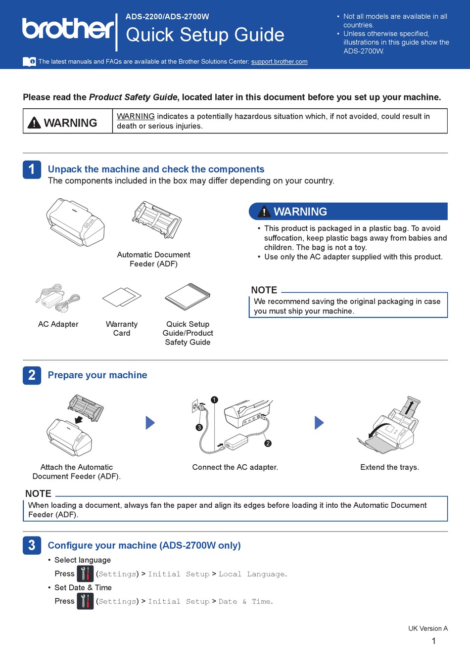 BROTHER ADS-2200 QUICK SETUP MANUAL Pdf Download | ManualsLib