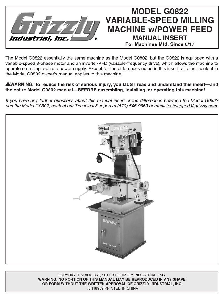 GRIZZLY G0822 MANUAL INSERT Pdf 