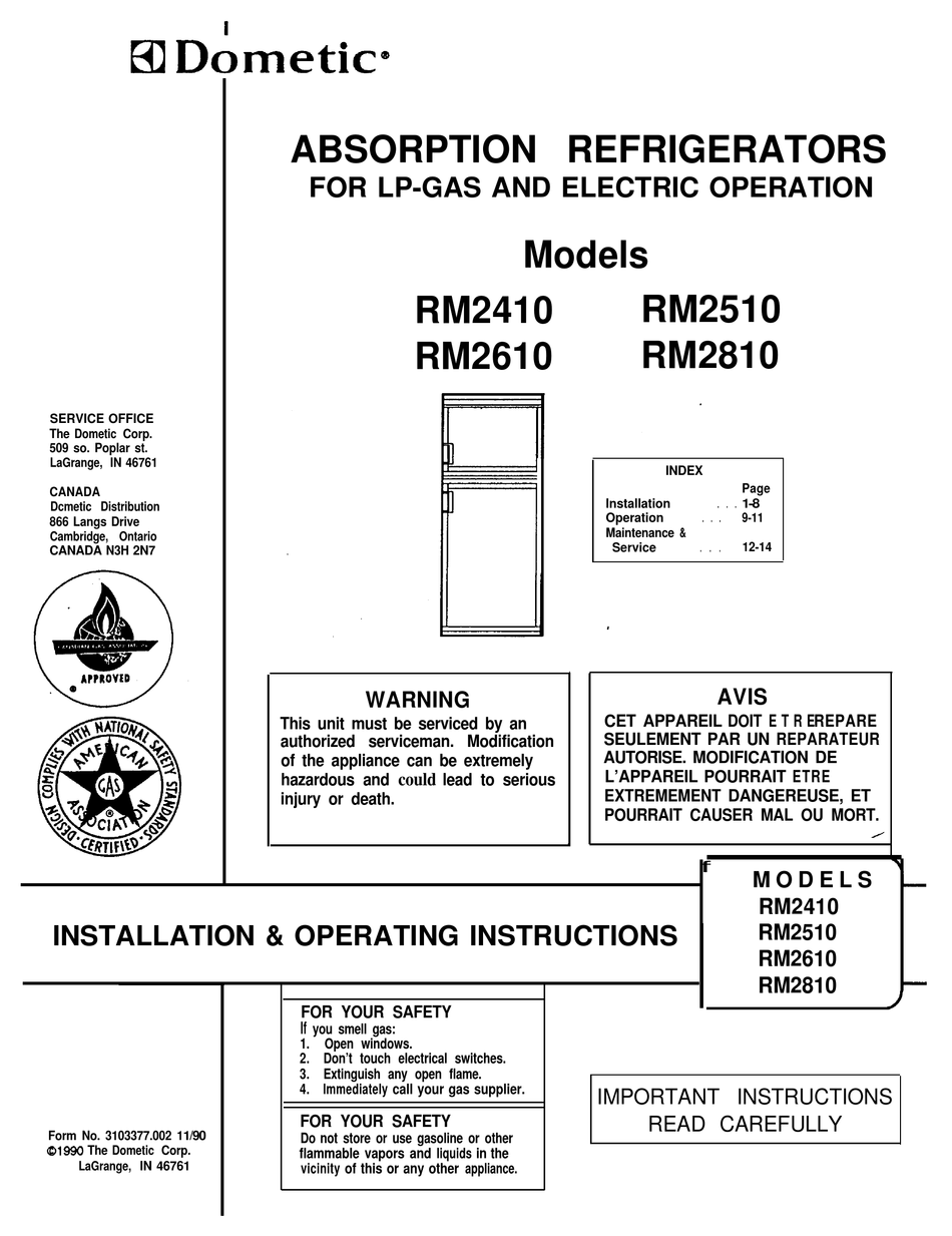 DOMETIC RM2410 INSTALLATION AND OPERATING INSTRUCTIONS MANUAL Pdf