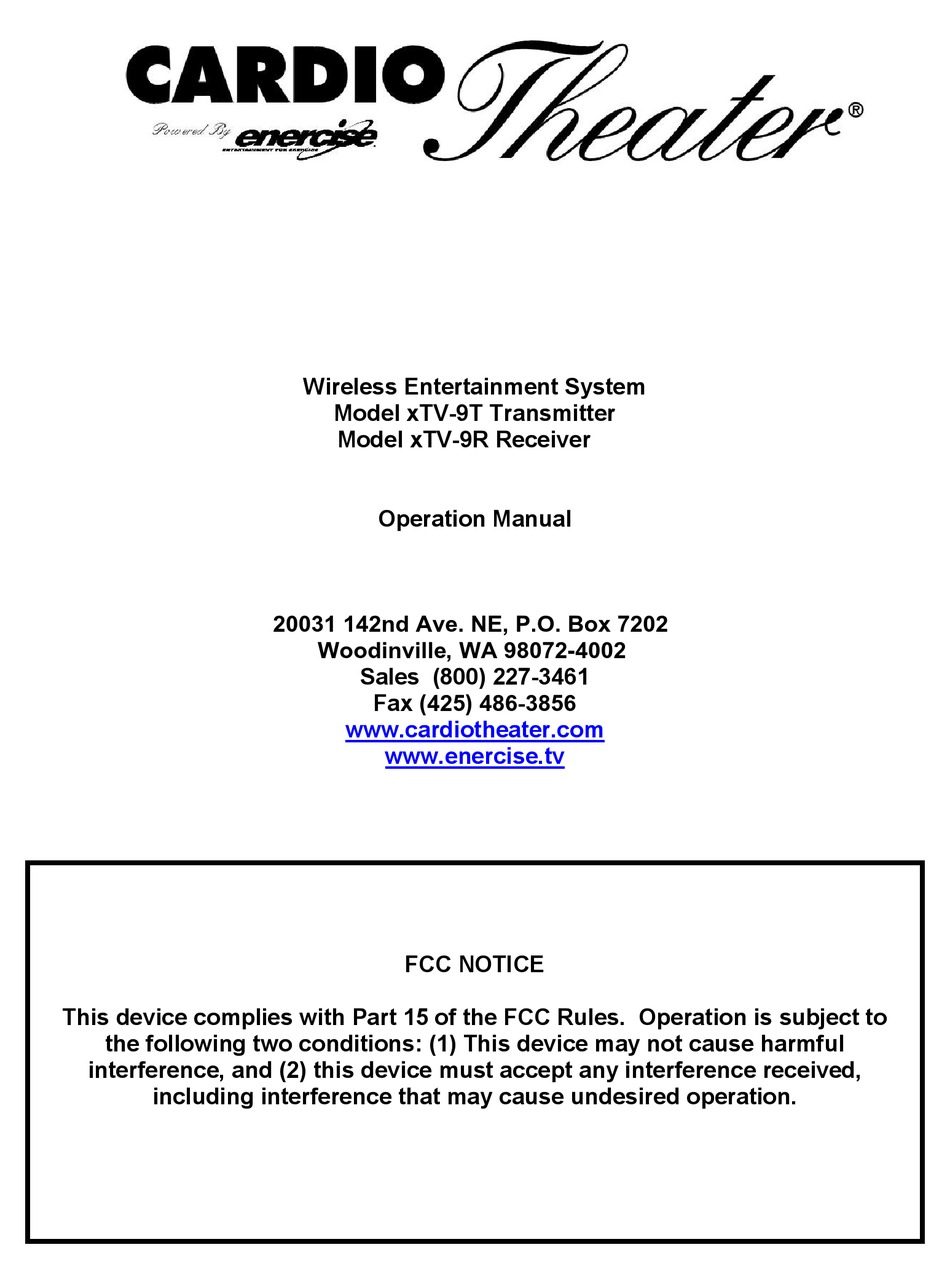 CARDIO THEATER XTV9T OPERATION MANUAL Pdf Download ManualsLib