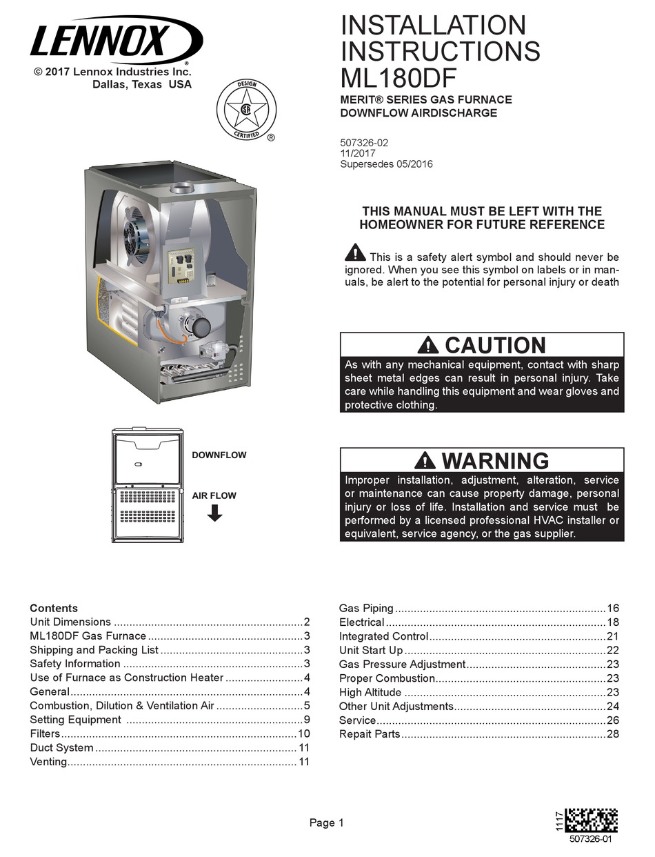 LENNOX ML180DF045P24A INSTALLATION INSTRUCTIONS MANUAL Pdf Download
