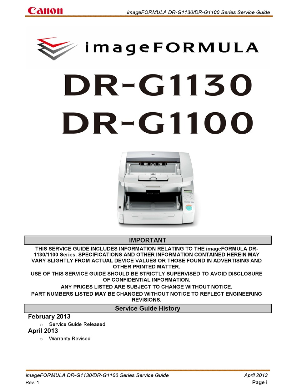 CANON IMAGEFORMULA DR-G1100 SERIES SERVICE MANUAL Pdf Download | ManualsLib