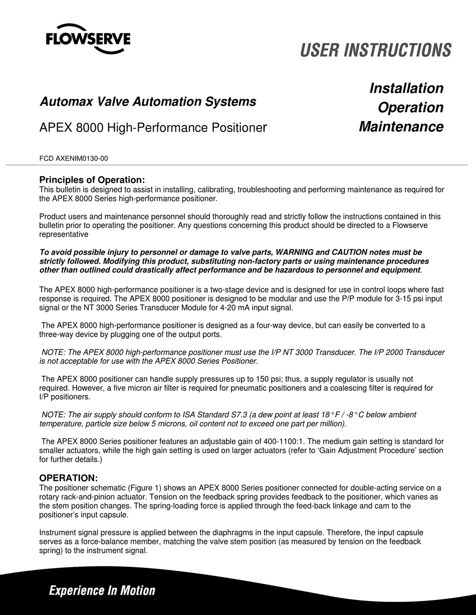 FLOWSERVE APEX 8000 SERIES INSTALLATION OPERATION & MAINTENANCE Pdf