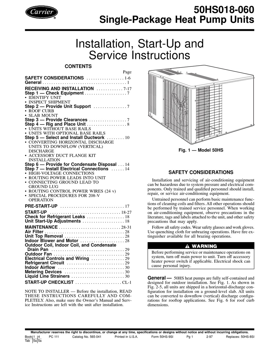 CARRIER 50HS018 INSTALLATION, START-UP AND SERVICE INSTRUCTIONS MANUAL ...