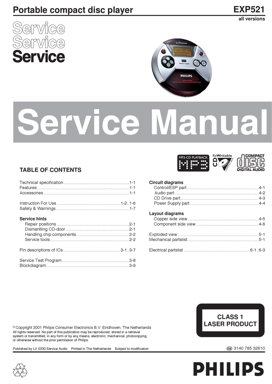 Service manual philips. Плеер Philips exp521.