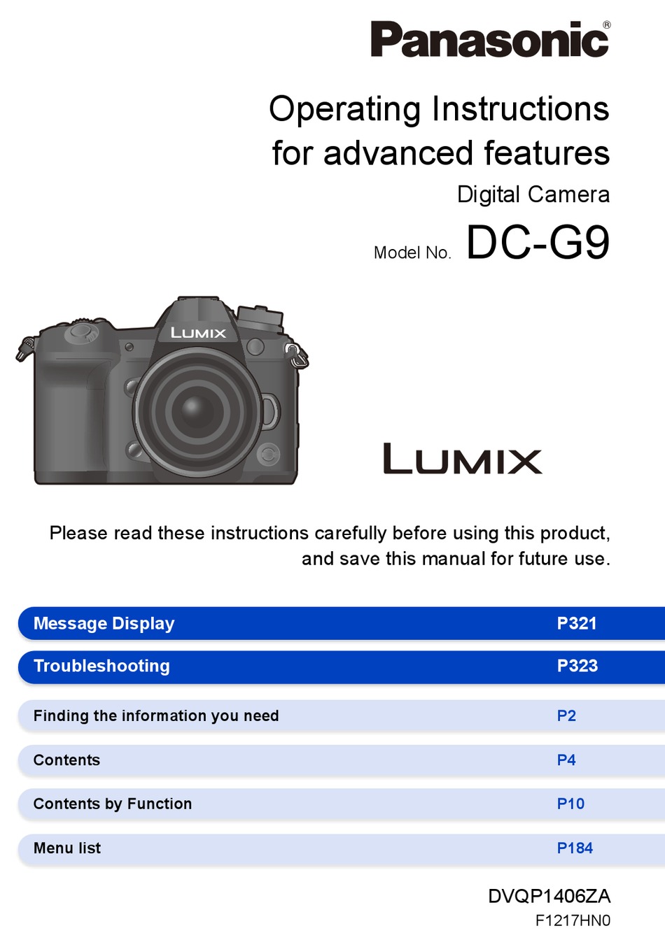 PANASONIC LUMIX DCG9 OPERATING INSTRUCTIONS FOR ADVANCED FEATURES Pdf