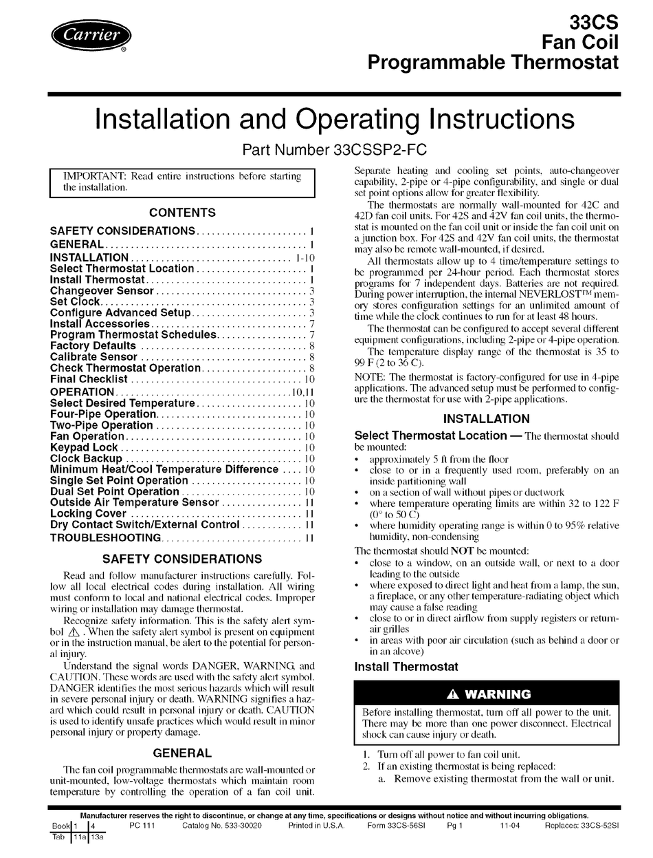CARRIER 33CS INSTALLATION AND OPERATING INSTRUCTIONS MANUAL Pdf