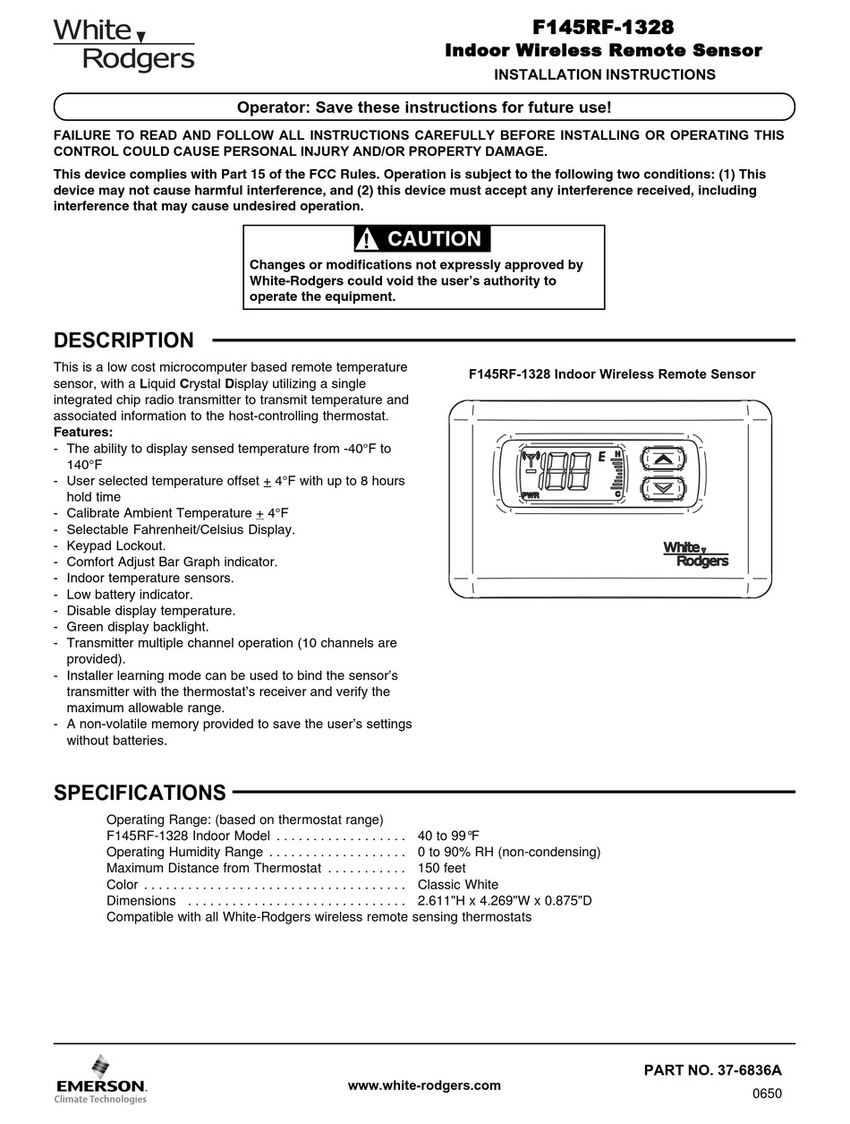 Emerson F145-1328 Wireless Remote Indoor Thermostat Sensor