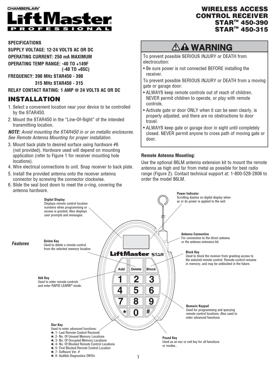 Chamberlain Liftmaster Star 450 315 Manual Pdf Download Manualslib