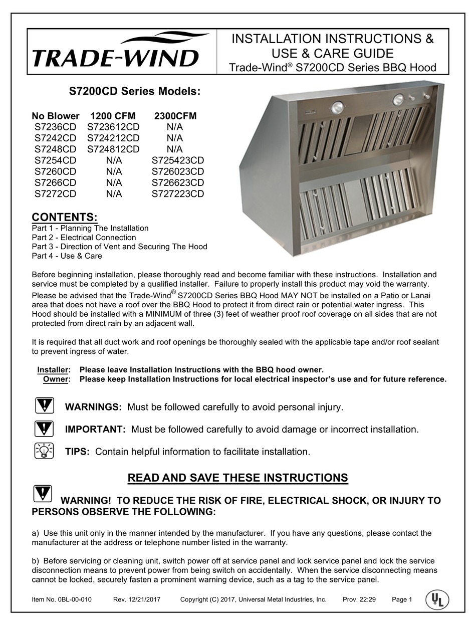UNIVERSAL METAL INDUSTRIES TRADEWIND S7236CD INSTALLATION INSTRUCTIONS