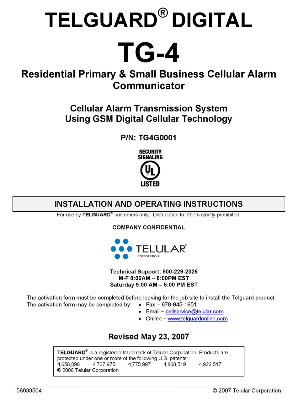 TELGUARD TG4 INSTALLATION AND OPERATING INSTRUCTIONS MANUAL Pdf
